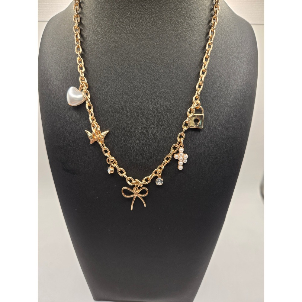 Lovisa Gold Tone Charm Necklace Heart Butterfly Bow Cross Lock Pearl Crystal 18"
